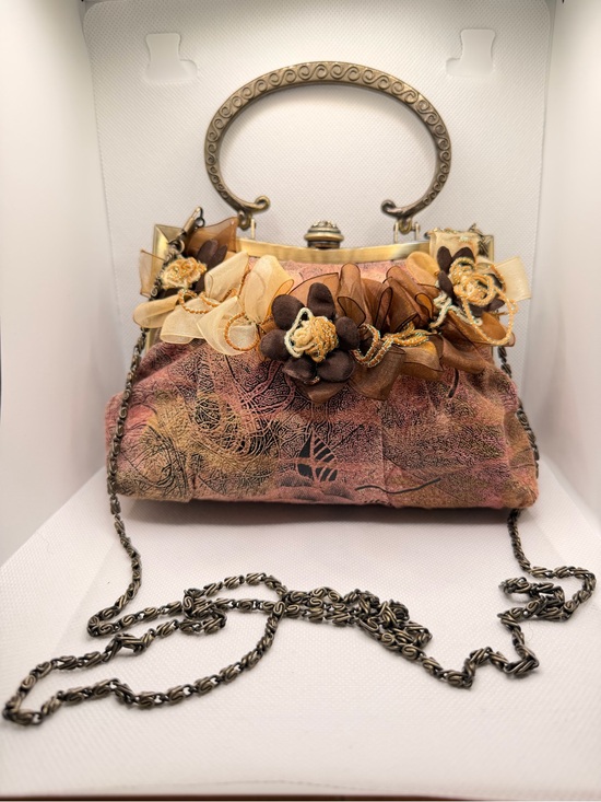Handbags - Vintage Floral Frame Kiss Lock Evening Bag Bronze Chain Strap